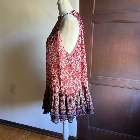 FREE PEOPLE | LYLA Red Floral Gauze High Neck Ruffle Hem Mini Dress | Medium - Picture 3 of 6